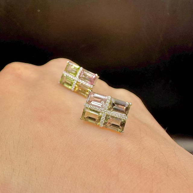 18K金真鑽西瓜碧璽幾何耳環(針)DB5