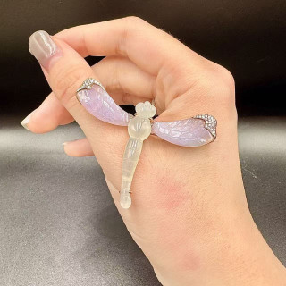 自然田園冰種綠紫翡翠蜻蜓18K金真鑽胸針DB5