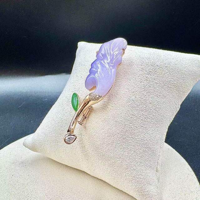 自然田園冰種紫翡銀杏18k金真鑽胸針DB5
