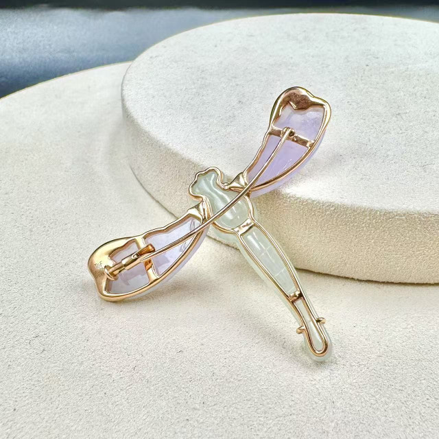 自然田園冰種綠紫翡翠蜻蜓18K金真鑽胸針DB5