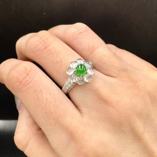 18K金真鑽玻璃種翡翠花形戒指DB5