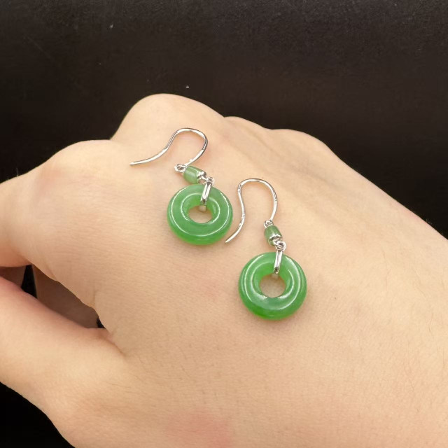 18K金真鑽陽綠翡翠平安扣耳環DB5