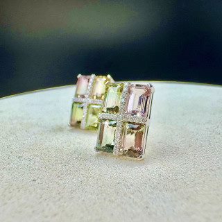 18K金真鑽西瓜碧璽幾何耳環(針)DB5