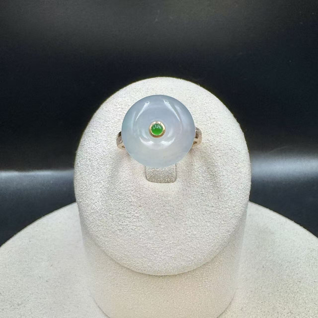 18K金真鑽冰種白翡平安扣戒指DB5