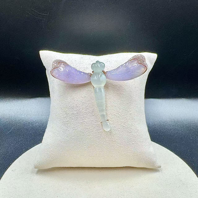 自然田園冰種綠紫翡翠蜻蜓18K金真鑽胸針DB5