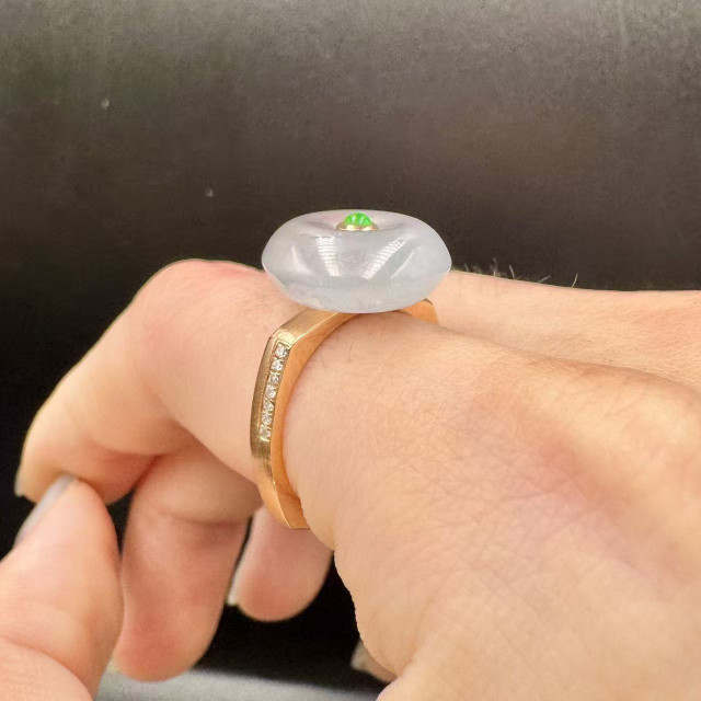 18K金真鑽冰種白翡平安扣戒指DB5