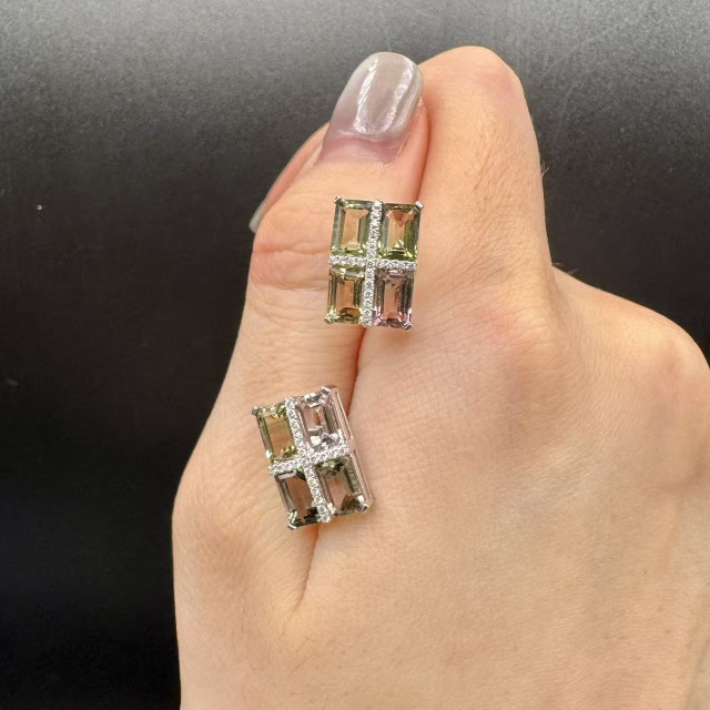 18K金真鑽西瓜碧璽幾何耳環(針)DB5