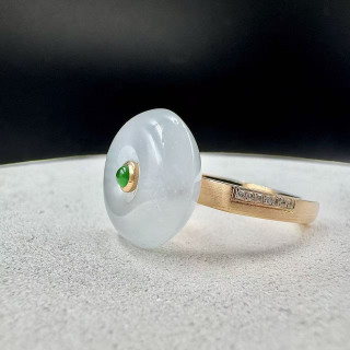 18K金真鑽冰種白翡平安扣戒指DB5