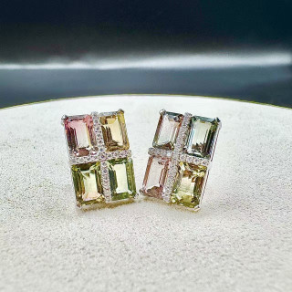 18K金真鑽西瓜碧璽幾何耳環(針)DB5