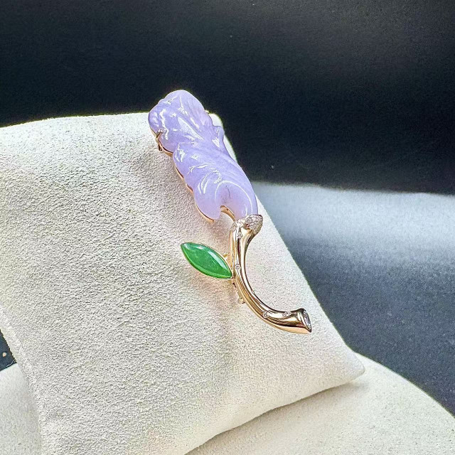 自然田園冰種紫翡銀杏18k金真鑽胸針DB5