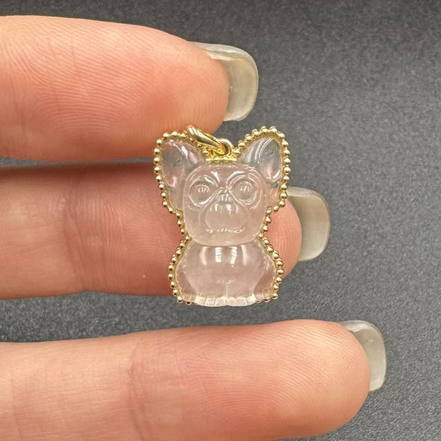 18K金滾珠邊框玻璃種法鬥犬吊墜DB6