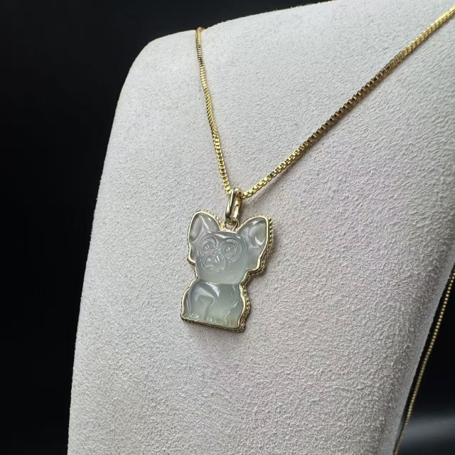 18K金滾珠邊框玻璃種法鬥犬吊墜DB6