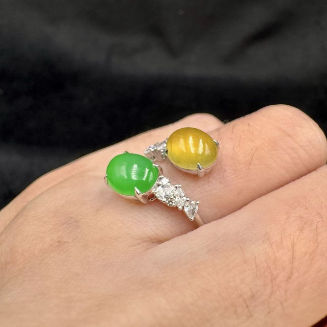 18K冰玻種黃綠翡翠鑽戒FUB1