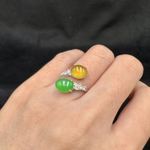 18K冰玻種黃綠翡翠鑽戒FUB1