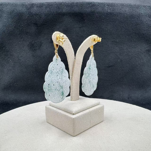 18K金冰糯種飄花雕花造型耳環AP1