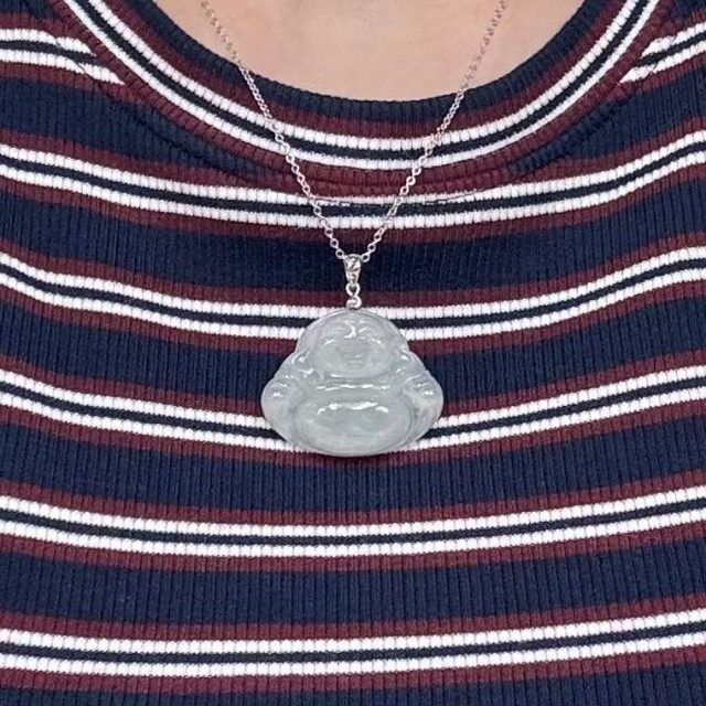 14K金冰糯種白翡佛公吊墜M4